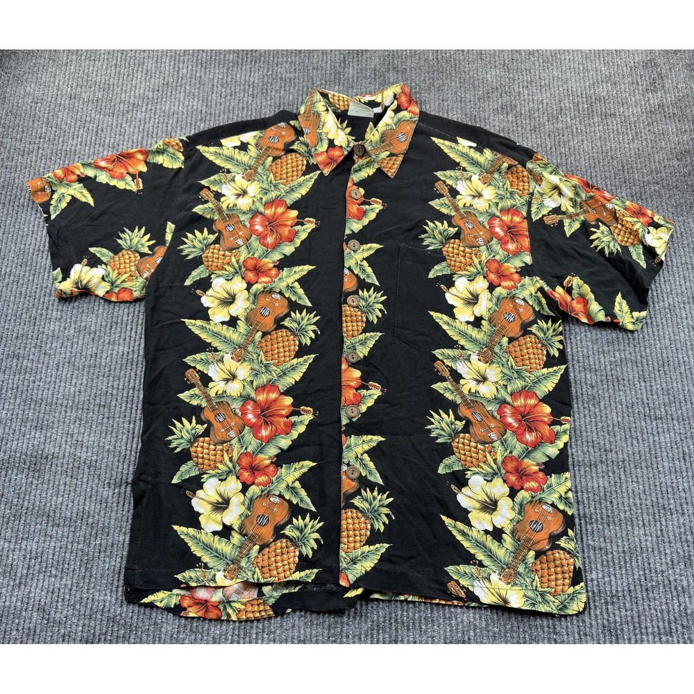 Pineapple‎ Moon Shirt Mens Medium Black Hawaiian Ukulele Pineapple Floral Aloha